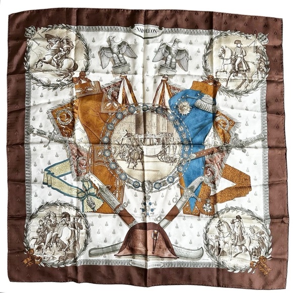 HERMES “Napoleon” 100% Silk Brown Blue & Cream Bumblebee Square Scarf Carre 90 - Picture 2 of 13